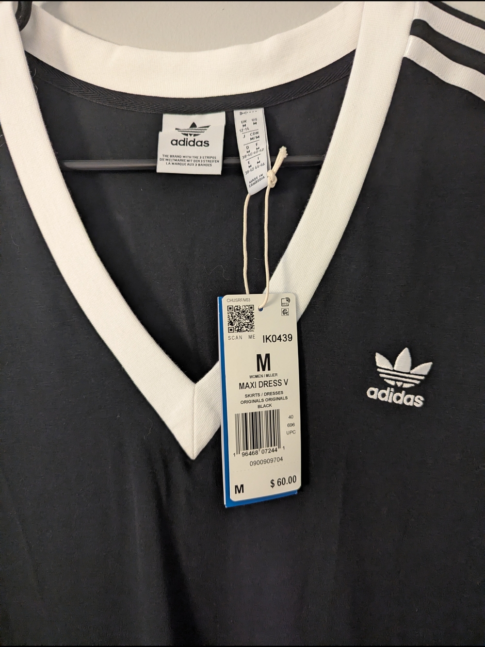 adidas Black V-Neck Maxi Dress with White Trim and Logo - Picture 3 of 5
